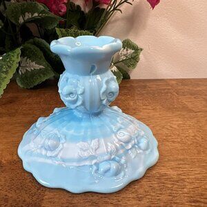 Fenton Blue Slag Glass Candle Holder Cabbage Rose Pattern Swirled‎ Vintage
